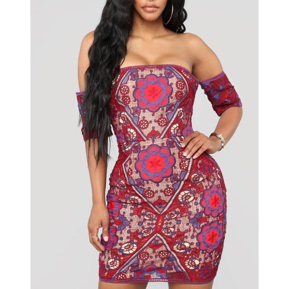 Dress red blue wine off the shoulder Crochet Lace Mini Dress - Picture 2 of 9